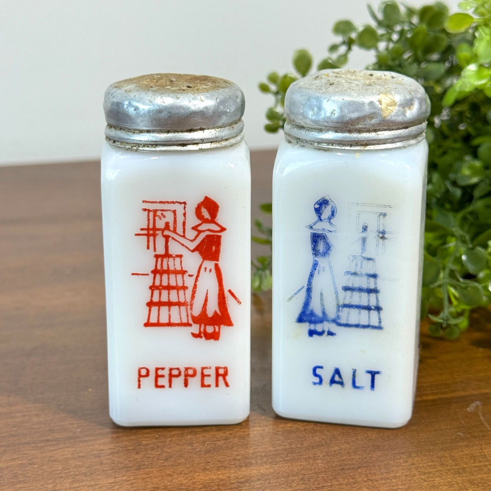 Vintage Hazel Atlas Salt & Pepper Shakers Milk Glass White Red Blue Butter Churn